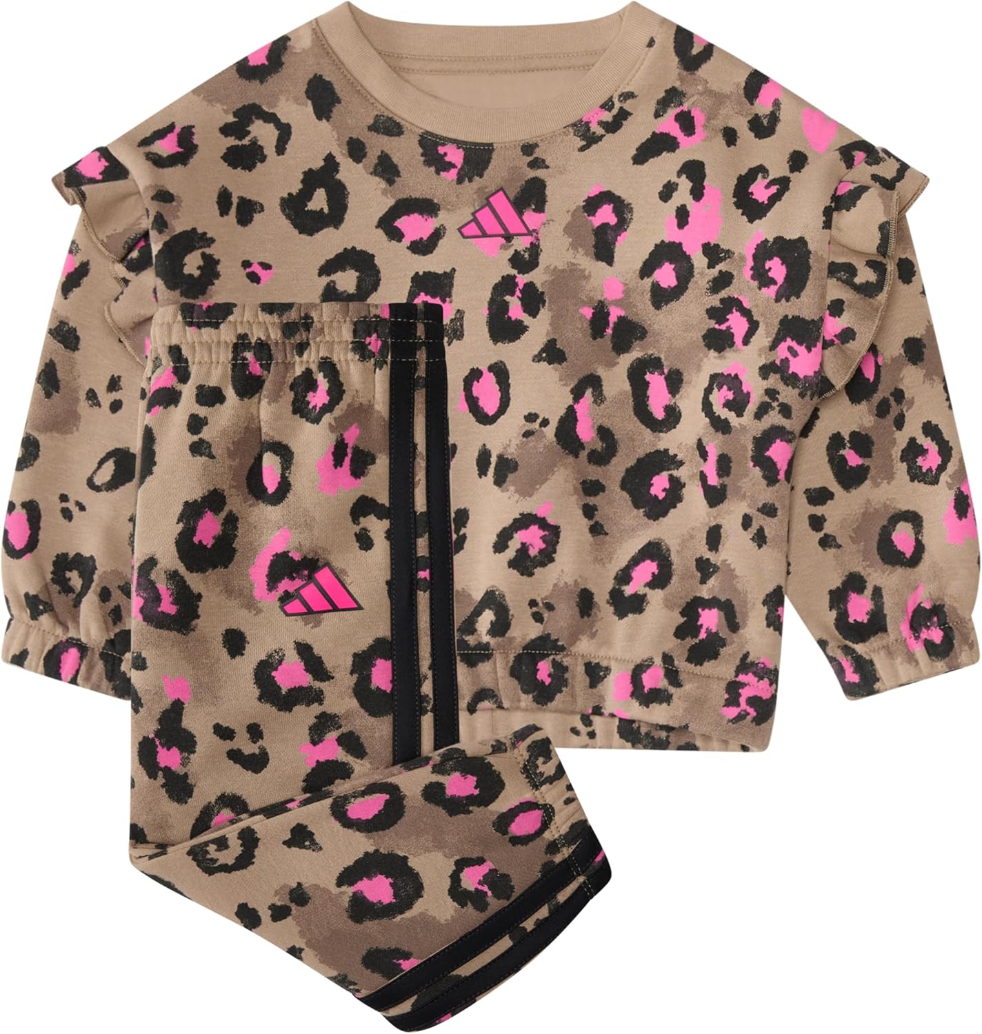 adidas Girls' 2-piece Long Sleeve Printed Flutter Sleeve Pullover & Elastic Waistband Printed Jogger Set