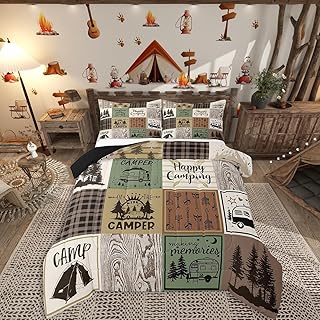 Erosebridal Happy Camping Comforter Set Rustic Cabin Camper Queen Bedding Sets Rv Car Accessories for Travel Trailers Patchwork Buffalo Plaid Arrow Pine Trees Down Comforter Travel Adventure Quilt