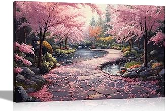 Artley Prints - Pink Blossom Trees Japanese Garden Footpath Canvas Prints Modern Wall Art for Home Conservatory Pictures Décor Large 86 x 61cm (34 x 24 inches) A1