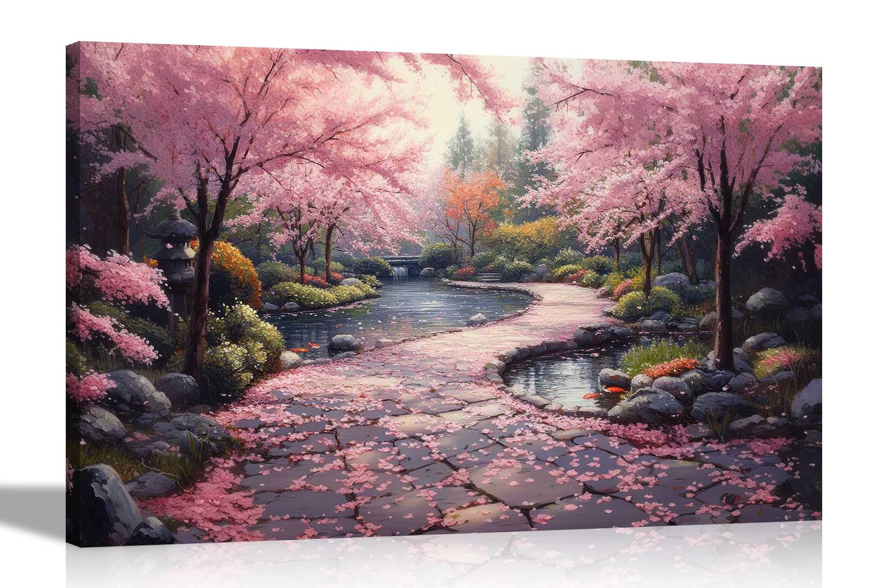 Artley Prints Cherry Tree Garden - Pink Blossom Trees Japanese Garden Footpath Canvas Prints Modern Wall Art For Home Conservatory Pictures Décor 40 X 30Cm (16 X 12 Inches) A3