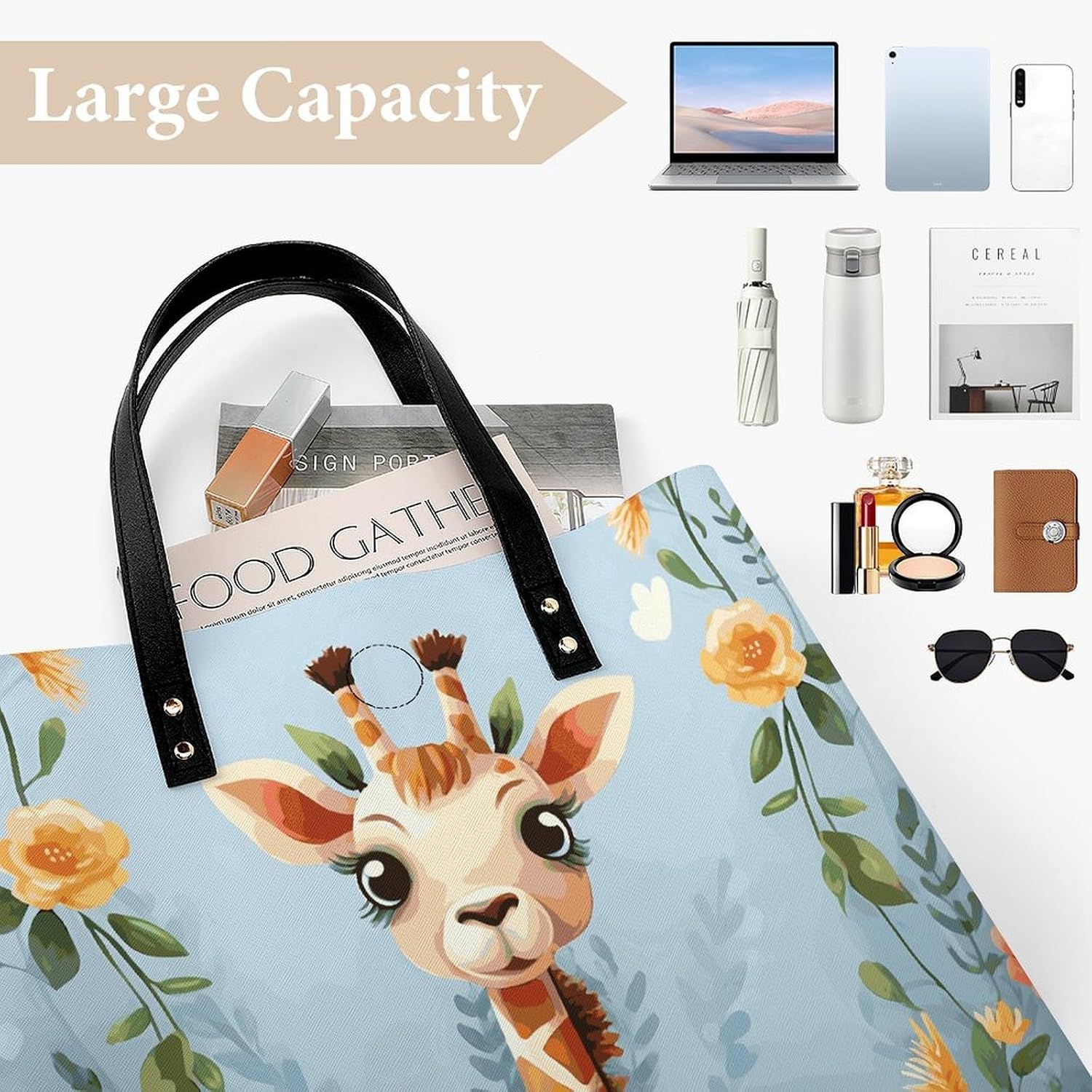 Cute Giraffe Flowers Handbags Large Capacity, Tote Bag Stylish Slouchy, Shoulder Bags for Work Beach Travel And Shopping Grocery.