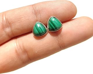 Malachite Studs Earrings 7 MM Trillion Shape Green Color Natural Malachite Gemstone 925 Sterling Silver Simple Dainty Minimal Jewelry Gift for Her Petite Girls Women