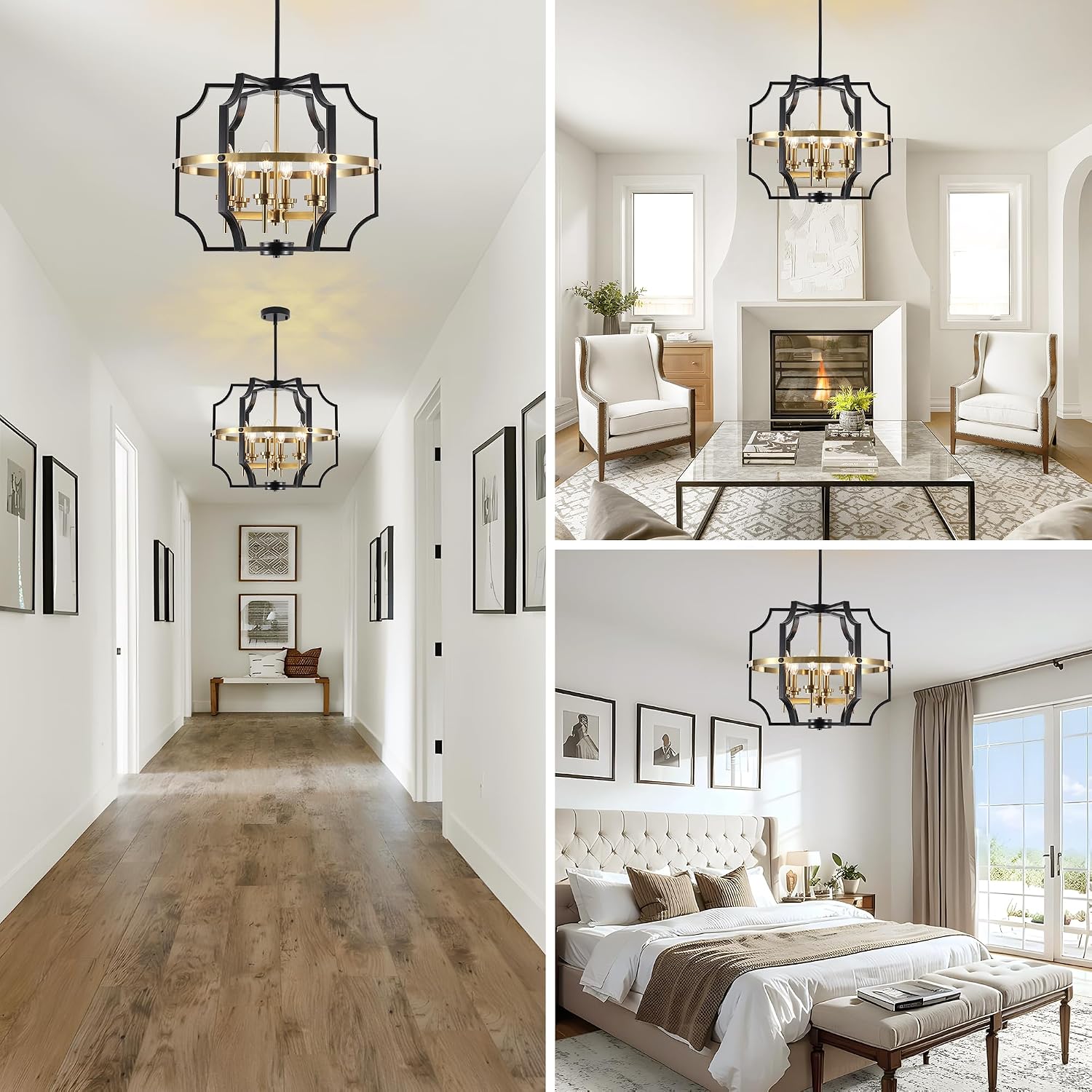 20'' Black and Gold Chandelier 6-Light Modern Farmhouse Chandelier for Dining Room Rustic Industrial Geometric Pendant Light Fixtures for Living Room Kitchen Entryway Foyer Hallway