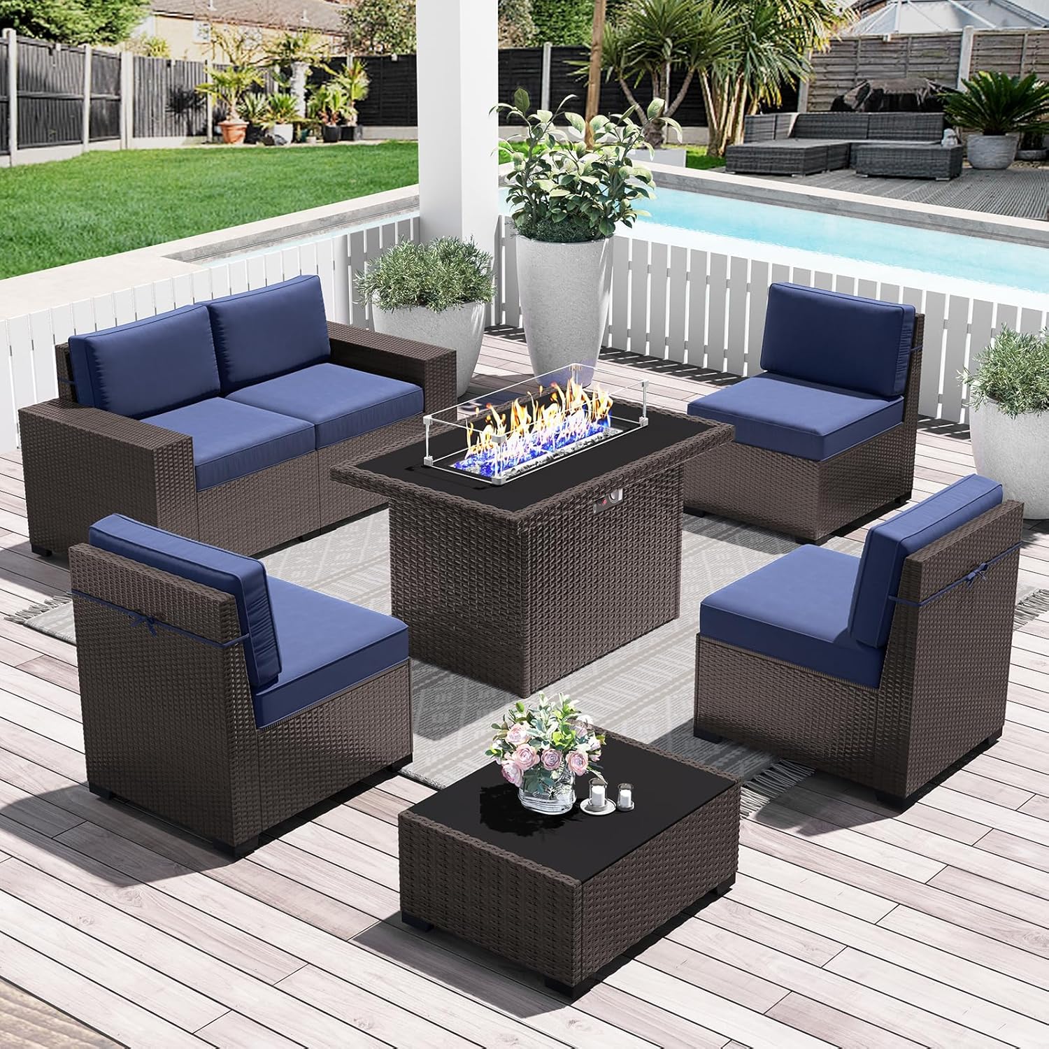 LayinSun 7 Pieces Outdoor Patio Furniture Set with 44" Fire Pit Table Brown Rattan Sectional Sofa Conversation Sets