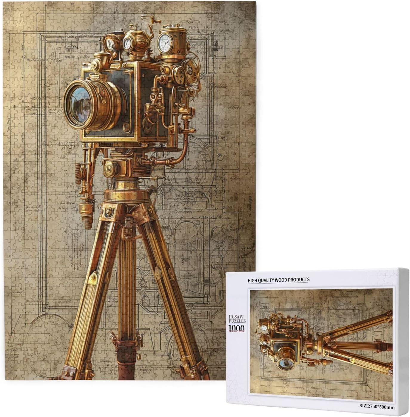 Wooden Puzzles for Adults 1000 Pieces, Retro Photography Art, Vintage Camera with Brass Gears & Tripod on Blueprint, for Collectors, Enhances Mechanical Design Appreciation