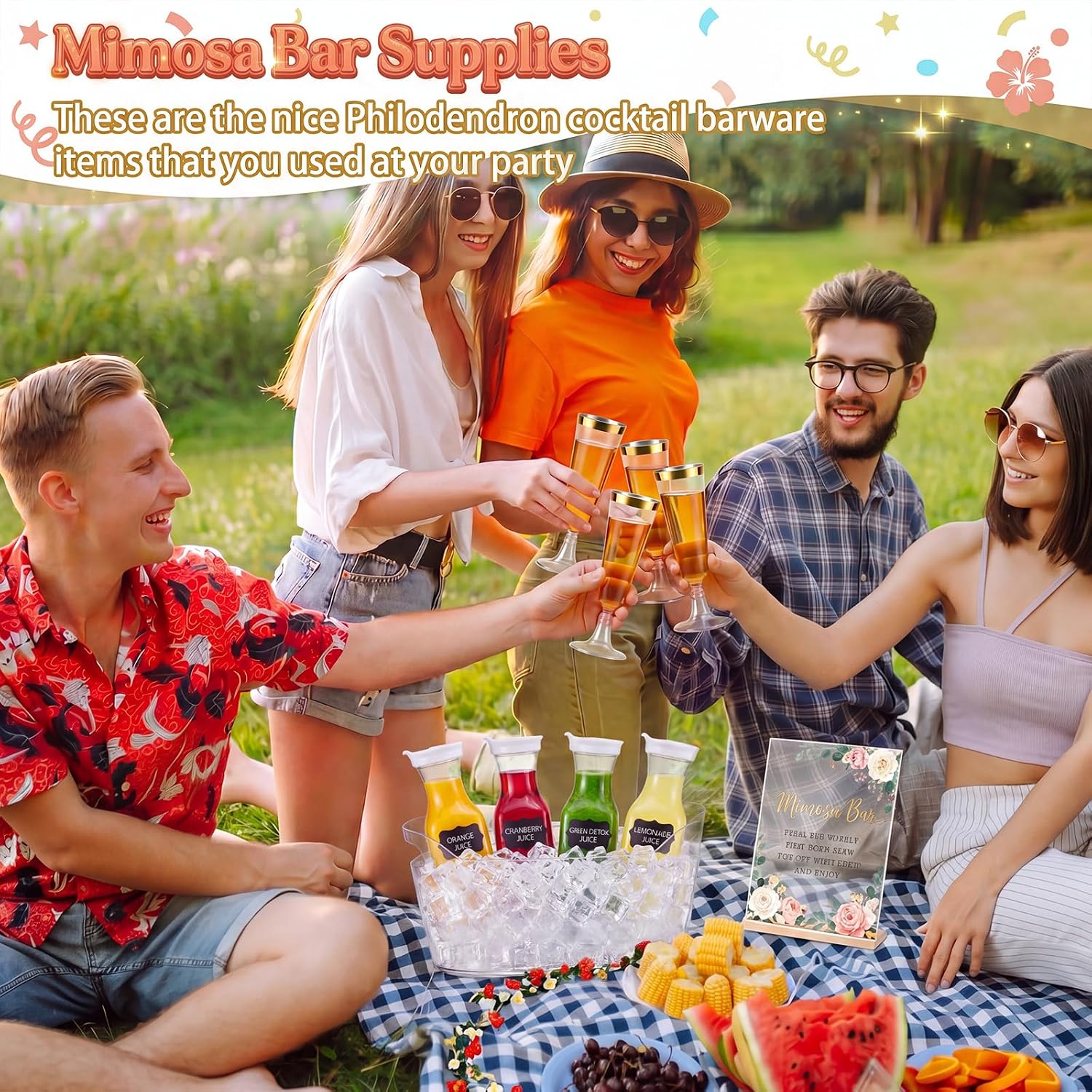 Hushee 67 Pcs Mimosa Bar Supplies 34 oz Plastic Carafe with Lids Ice Bucket Serving Bowls Tongs Stickers Bar Signs Cocktail Picks Flower Decorations for Summer Party Supplies
