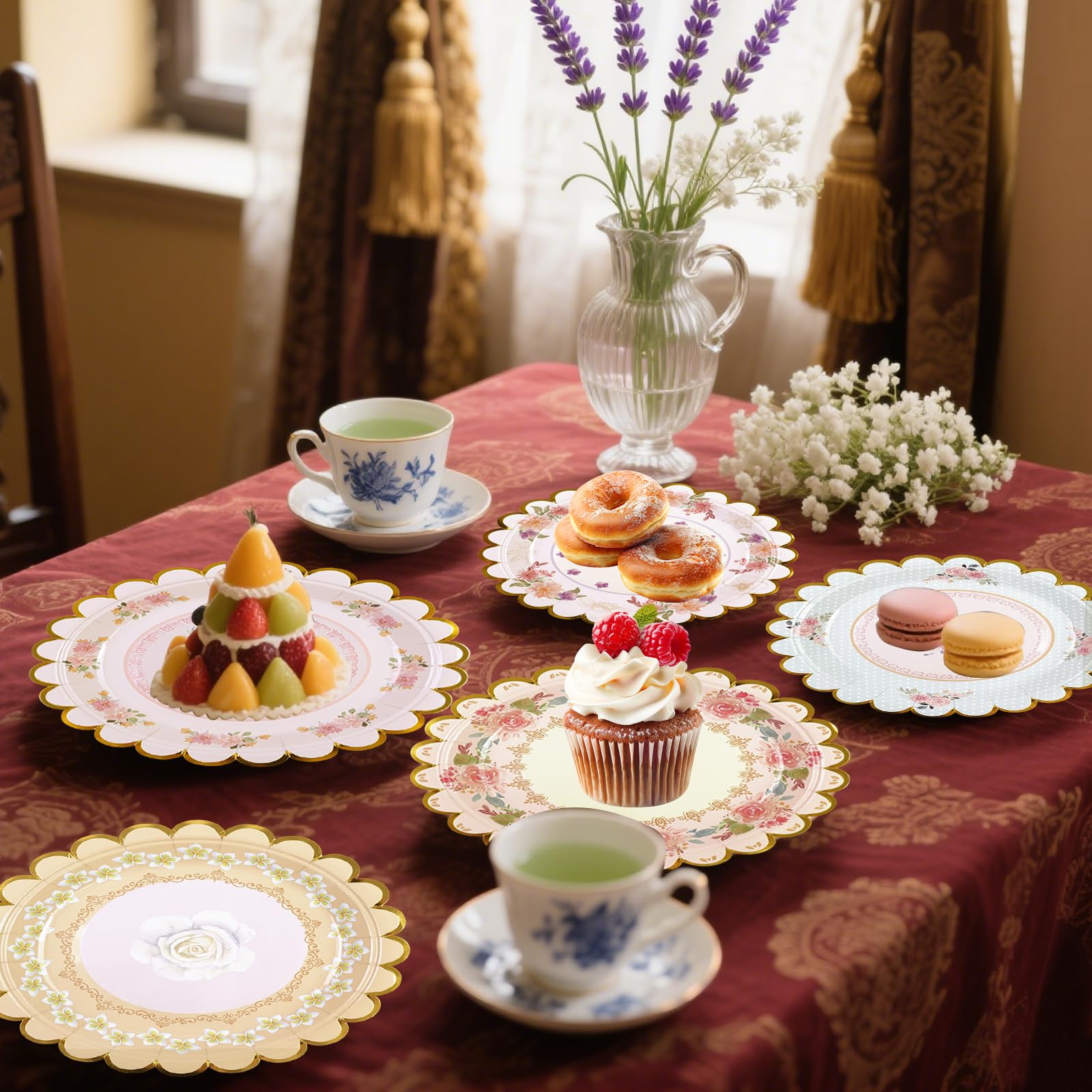 48 PCS Vintage Floral Paper Plates 7 Inch, Scalloped Flower Tea Party Plates Disposable Cake Dessert Plate For Birthday Bridal Shower Shower Wedding Party Drations Floral 25112723 P 221689420 - View #4