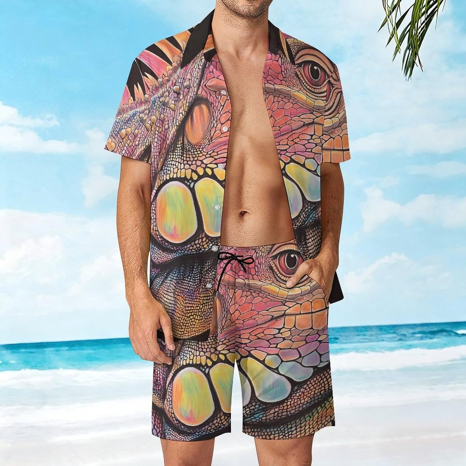 Colorful Lguana Men's Summer Beach 2 Piece Outfits | hawaiian button down shirt and shorts,vacation cruise,mens bathing suit