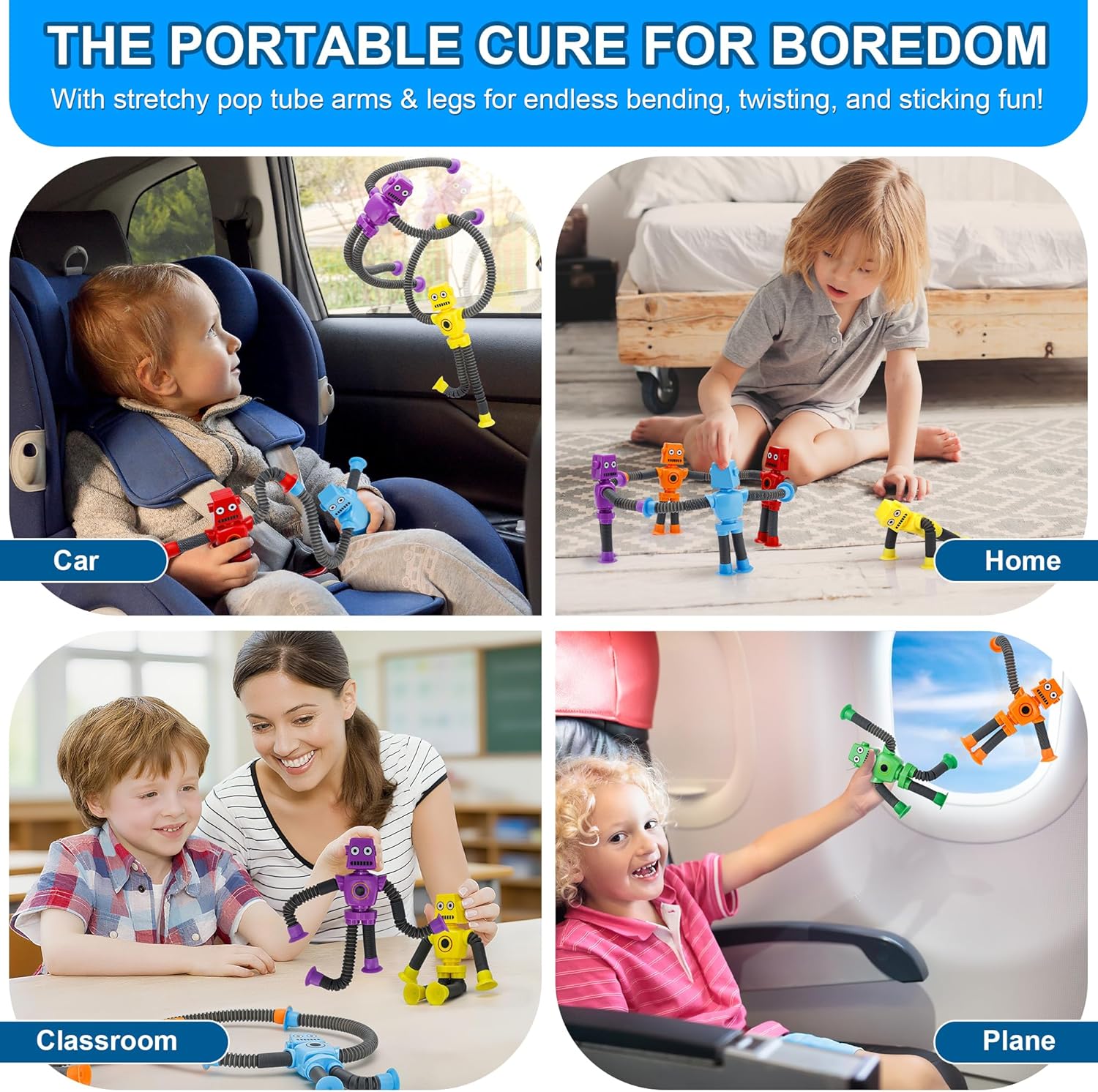 Robot Sensory Pop Tubes Toys 6PCS for Toddlers Boys Age 3-8, Suction Cup Stretchy Fidget Toy, Travel Toys, Autism Stress Relief, Birthday Christmas Stocking Stuffers Party Favors