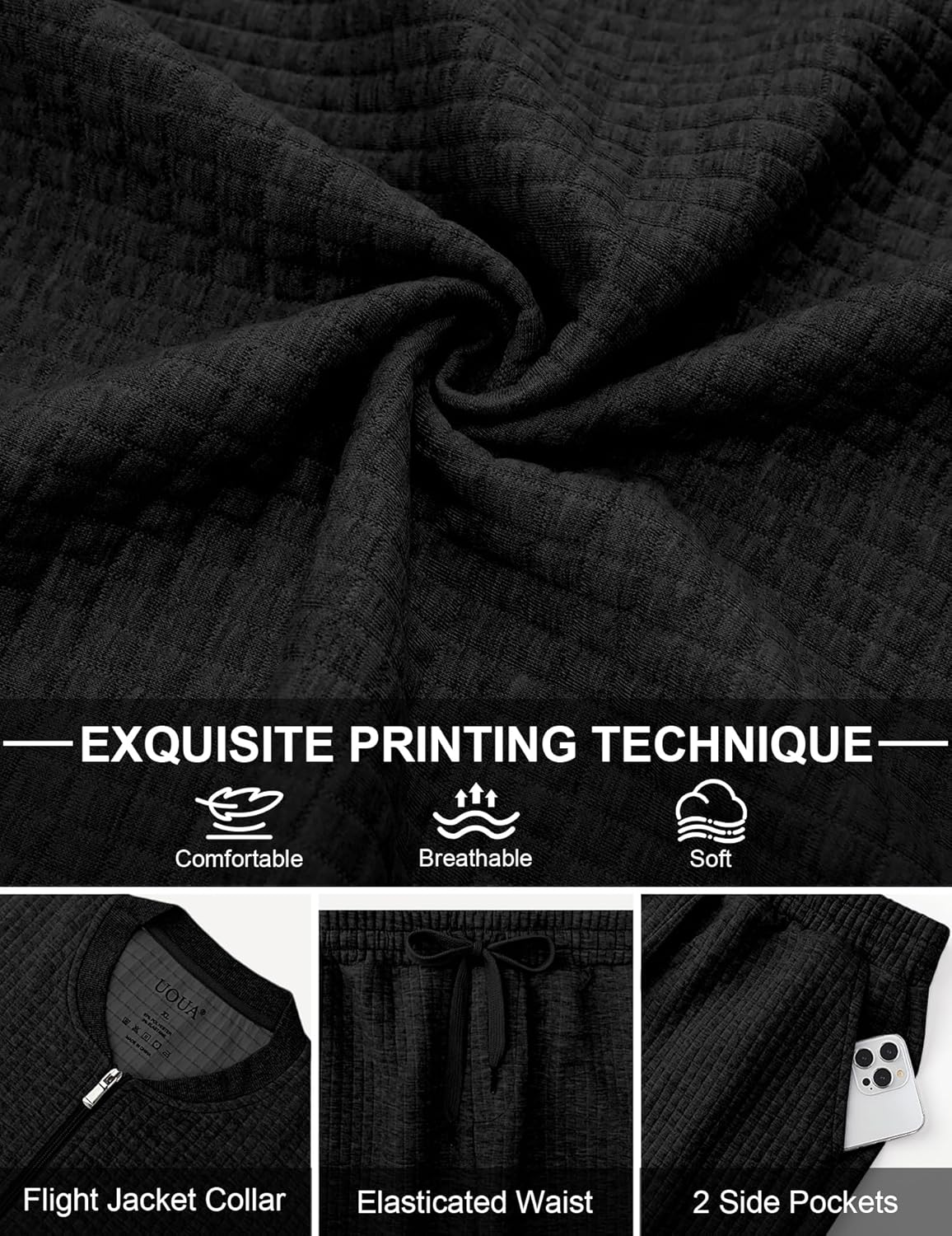 UOUA Men's Tracksuit 2 Piece Sets Casual Sweatsuit with Full Zip Athletic Jogging Suits Waffle Plaid Jacquard Outfits - Image 5