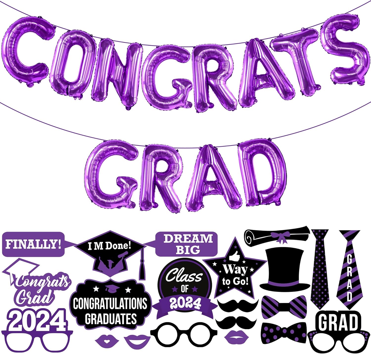 KatchOn, Purple Congrats Grad Banner Balloons - Pack of 22 | Purple Graduation Photo Booth Props 2024 | Congratulations Balloons, Graduation Photo Props for Lavender Graduation Party Decor 2024 Purple