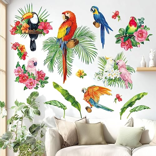 BASHOM SG2-108 Calcomanías de pared de loros con plantas tropicales, hojas verdes, pájaros, calcomanías de acuarela para niños, para guardería,