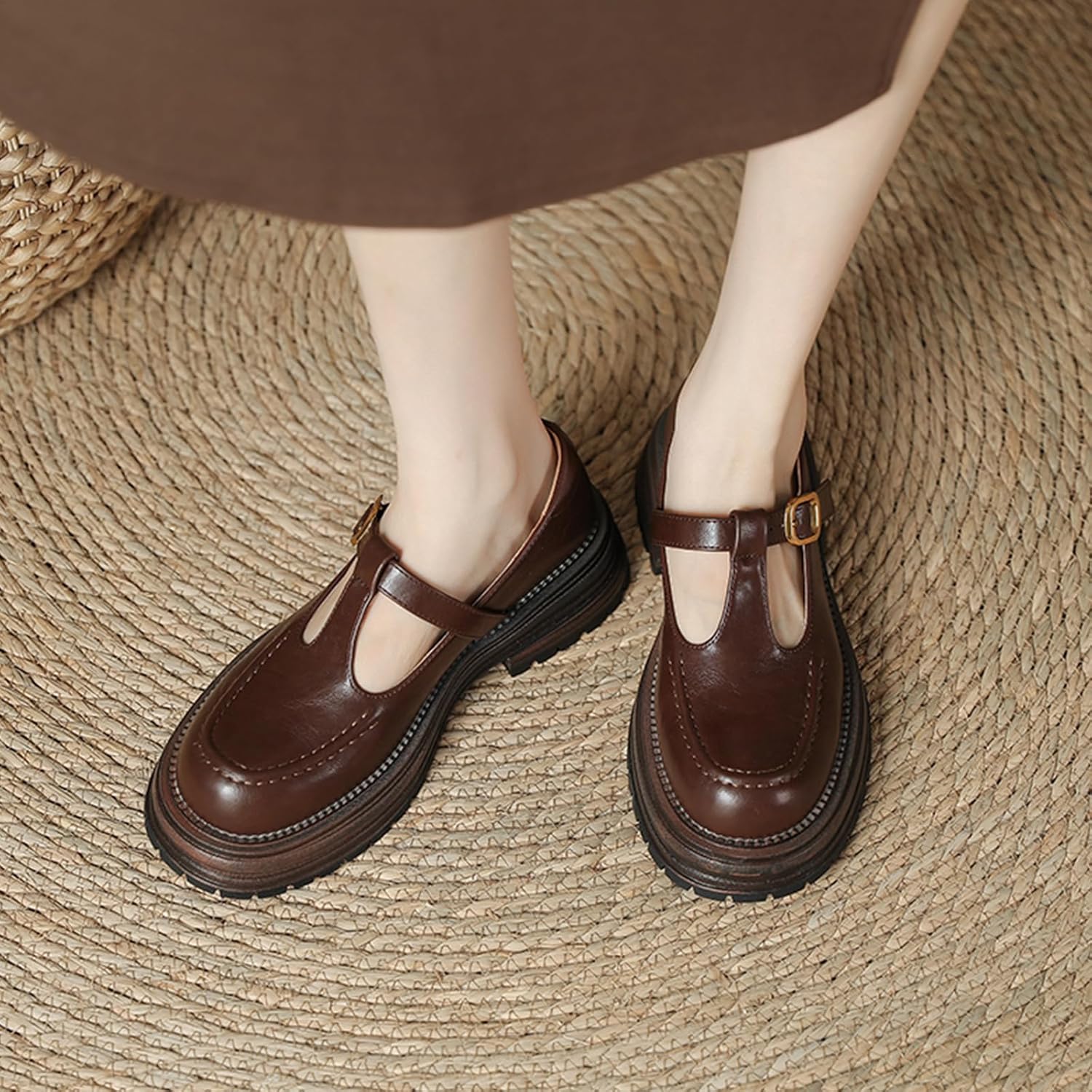 Women's Chunky Heel T-Strap Mary Jane Shoes Round Toe Platform Anti-Slip Lug Sole Adjustable Ankle Strap Dress Shoes for Work Weddings & Daily Wear