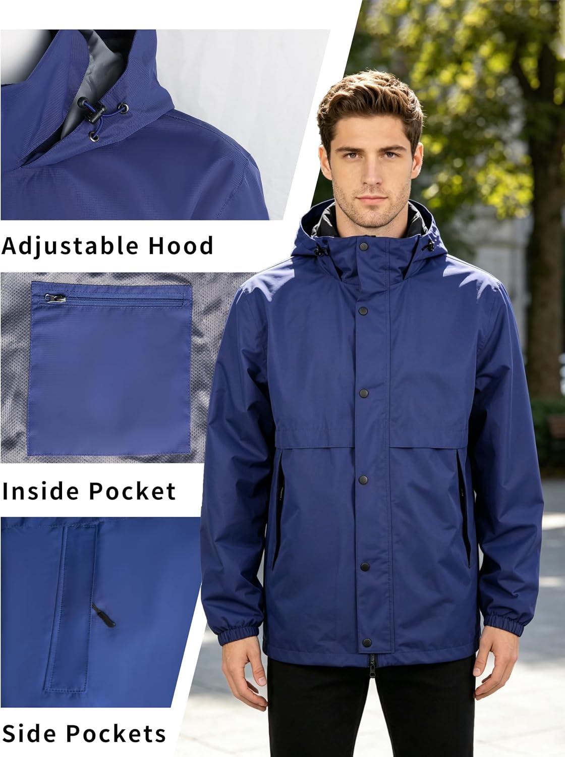 HALO RAIN Packable Men's Rain Jacket Lightweight Rain Shell Jacket with Hood Waterproof Raincoat for Hiking Cycling