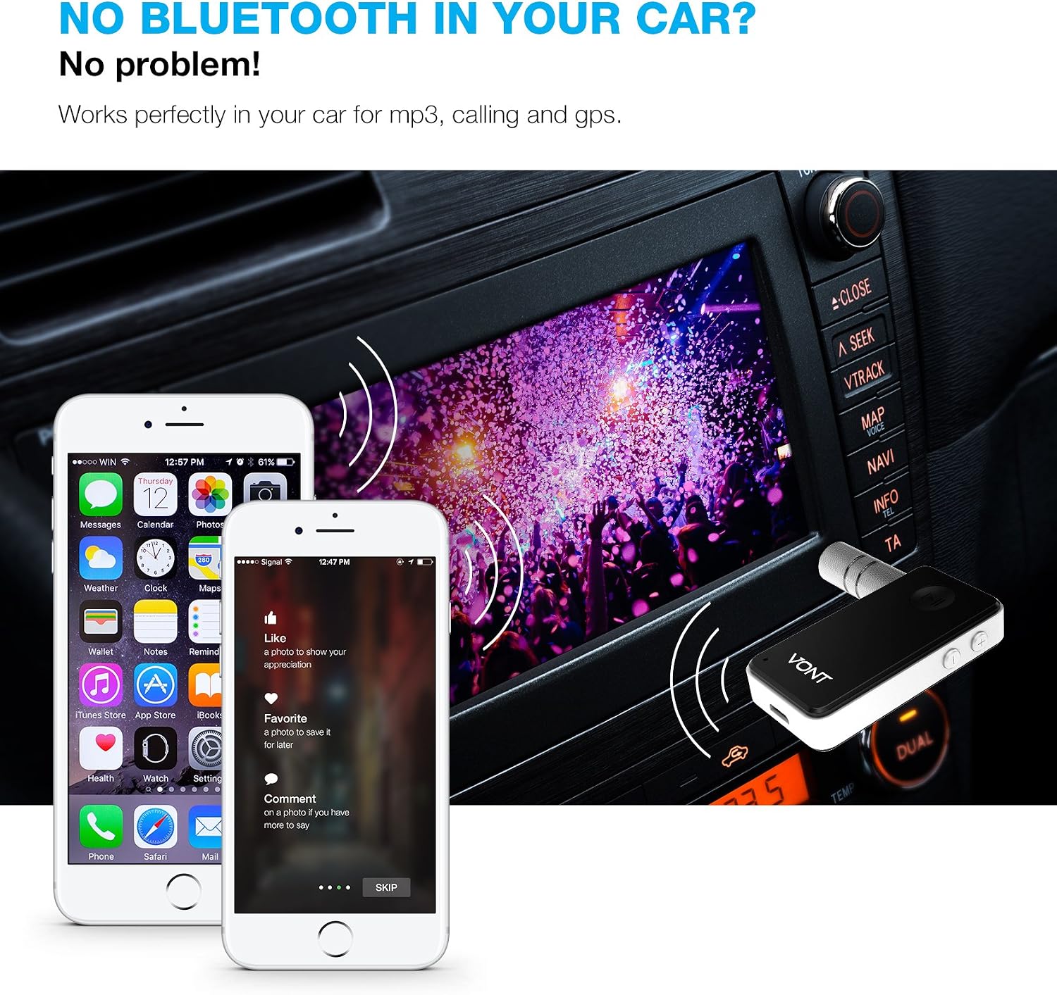 Bluetooth Receiver, Portable Bluetooth Adapter/Car Kit, Portable Wireless Music Audio, Wireless Sound System, with Hands-Free Calling & Noise Cancellation, Bluetooth AUX Adapter - Vont