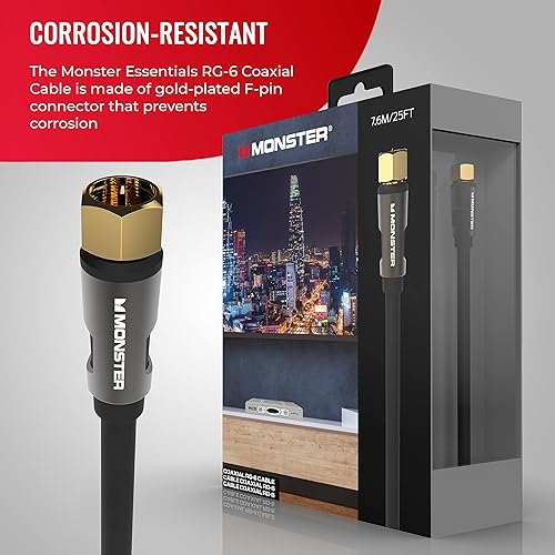 Miniatura 2 de Monster Essentials - Cable coaxial RG-6 con conector de cable coaxial F-Pin chapado en oro, cable de Internet de alta velocidad con cubierta