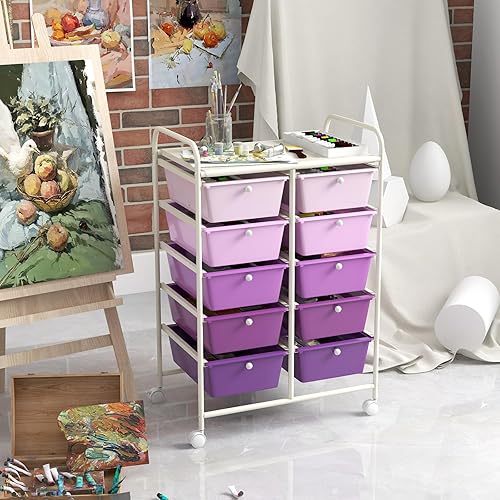Vista 85 de GOFLAME Carrito de almacenamiento con ruedas de 10 cajones, organizador de almacenamiento de manualidades sobre ruedas, carrito multiusos móvil