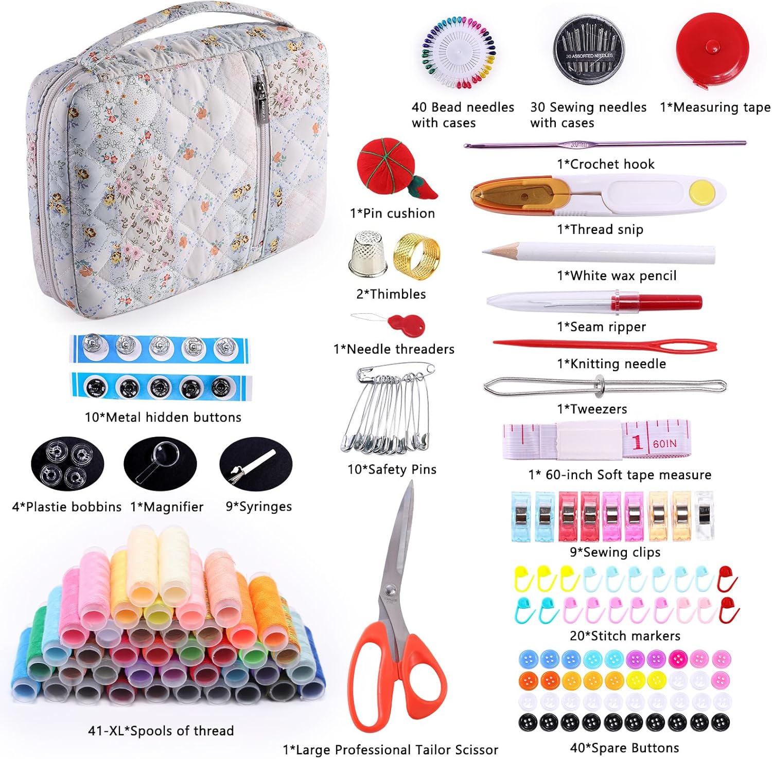AMOIGEE Complete Sewing Kit for Adults, 230pcs Cute Sewing Supplies Kit with Premium Scissors, Large Sewing Kit Organizer Case for Beginners, Home Travel Sewing Kit Gift for Women DIY Craft Repair
