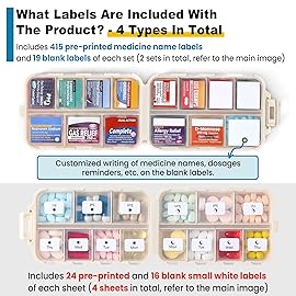 4 Pack 14 Grids Travel Pill Organizer Box with 830-Pcs(2 Set) Medicine Name Labels - Pocket Daily Pharmacy Case Container Kit - Travel Medication Holder Dispenser for Fish Oil Vitamin Supplement