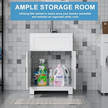 Utility Sink with Cabinet 24 Inch Laundry Room Sink Cabinet 304 Stainless Steel Sink Combo White