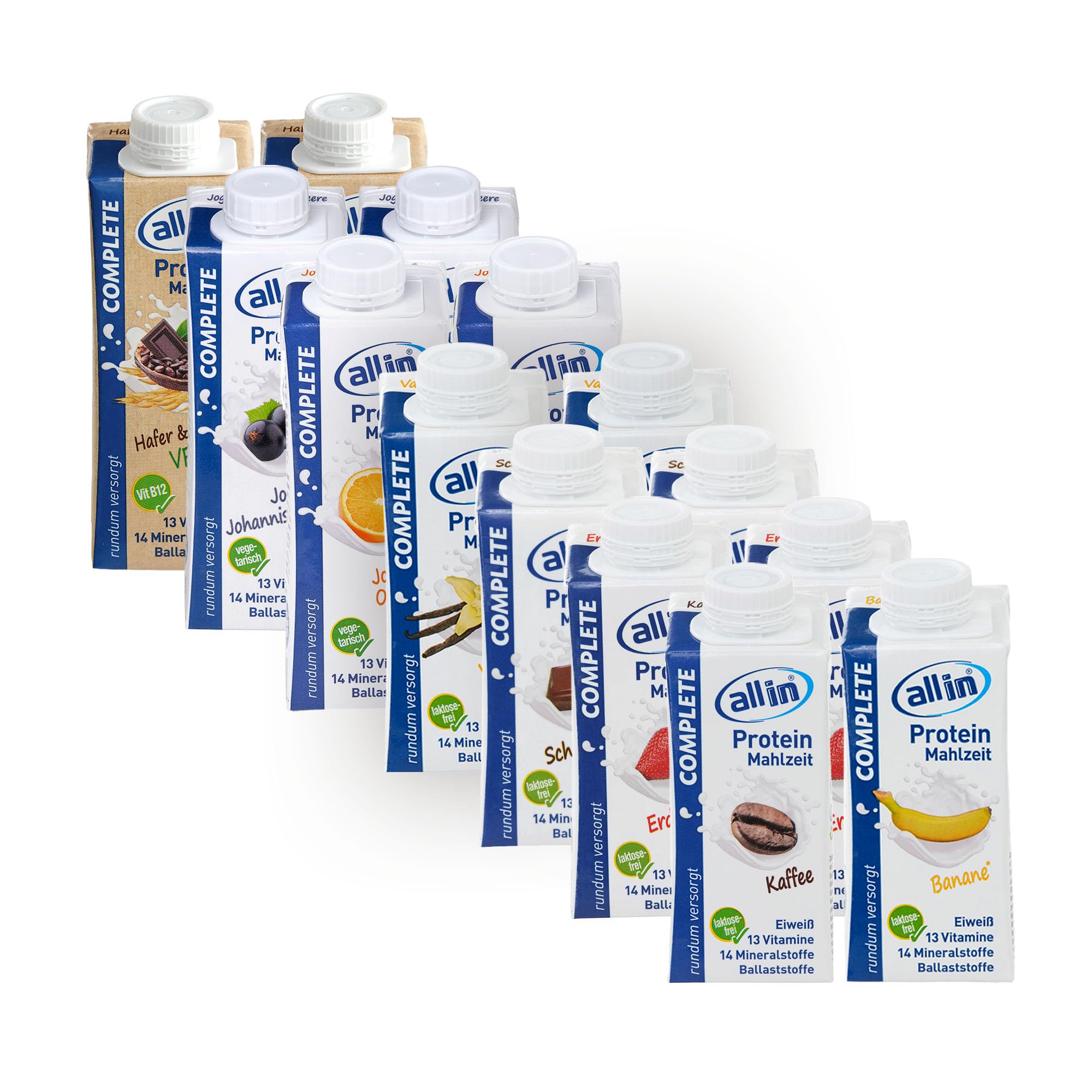 all in® COMPLETE Drink | 8 Sorten: Vanille, Kaffee, Schokolade, Erdebeere, Banane, Joghurt Orange, Johannisbeere & Hafer Kakao | hochkalorische Trinknahrung | 14 x 200/ 250ml