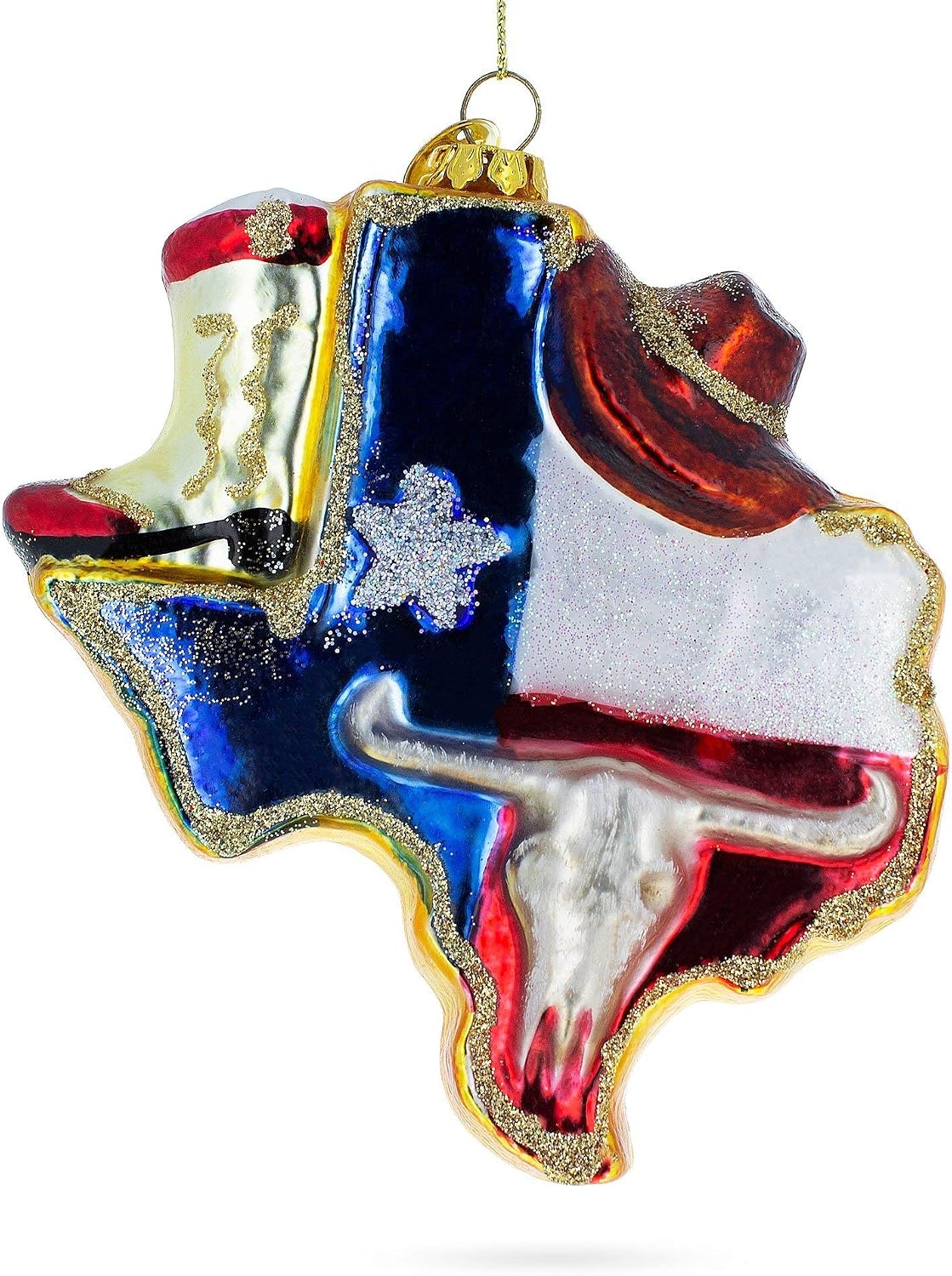 State of Texas Symbols, USA Glass Christmas Ornament