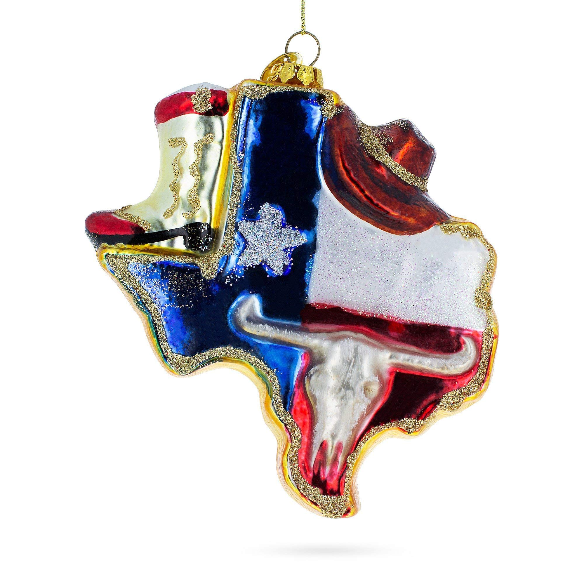 Ornement Noël Texas en verre soufflé et chapeau cowboy