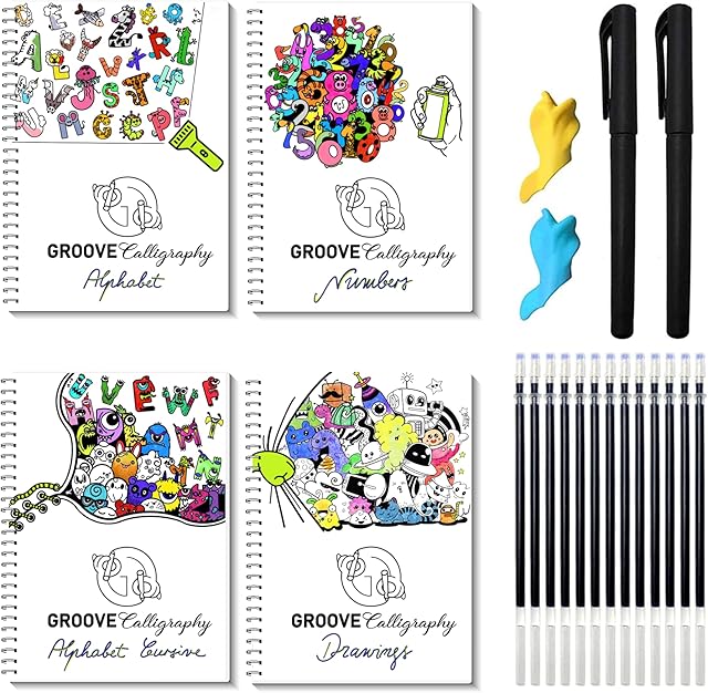 GROOVE Calligraphy Reusable Copybooks Set with Premium Grooves, 4 Pack Handwriting Practice A4 WorkBook with Magic Pen Refill. 4xA4 Workbooks+2 Magic Pens+10 Refills+2 Finger Posture Correctors.