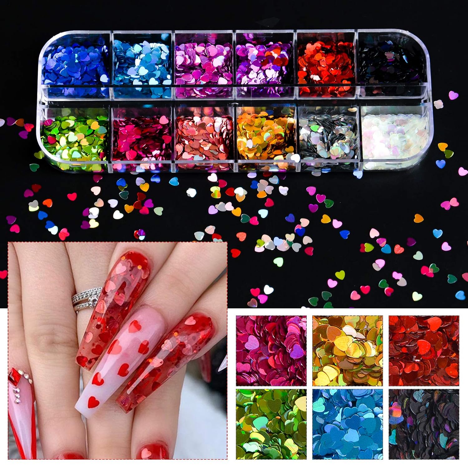 Kalolary 36 Boxes 3D Heart Nail Art Sequins Glitter, Colorful Heart Shaped Nail Glitter Sequins Acrylic Paillettes, Holographic Nail Sparkle Glitter for Valentine's Day