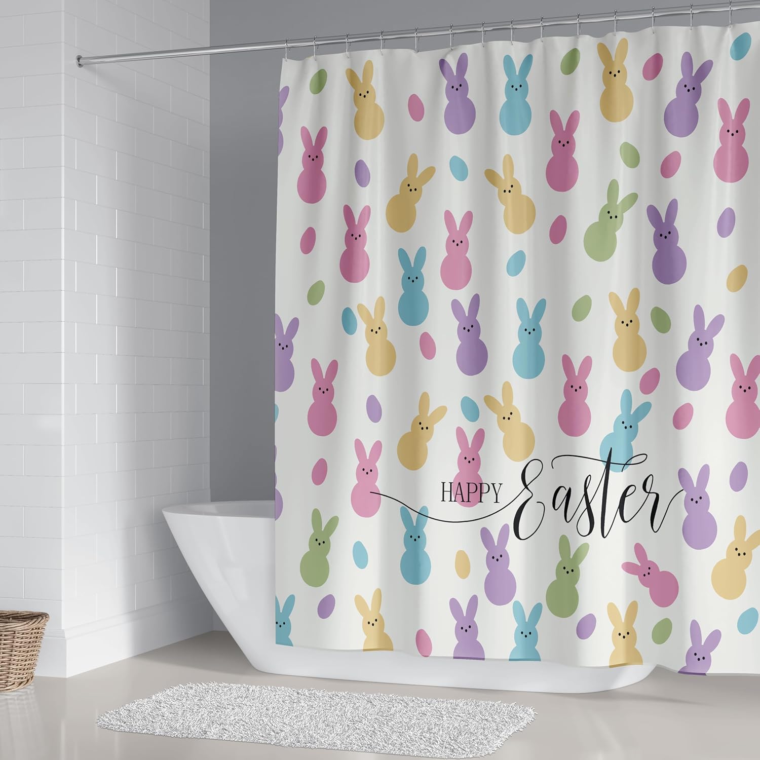 4 Pcs Easter Bunny Shower Curtain Sets with Non-Slip Rugs, Toilet Lid Cover and Non-Slip U Shape Bath Mat, Easter Bathroom Decor with 12 Hooks 71 x 71 Inches (Style A)