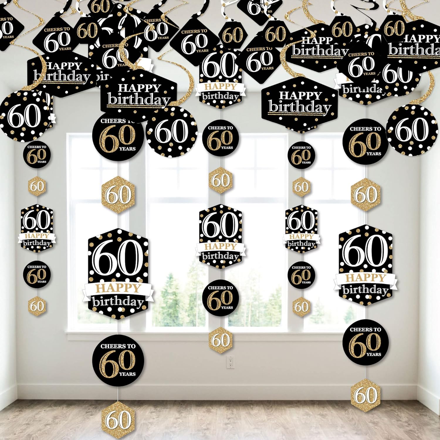Big Dot of Happiness Adult 60th Birthday - Gold - Birthday Party Hanging Vertical Decorations and Swirls Hanging Decor Virtual Bundle