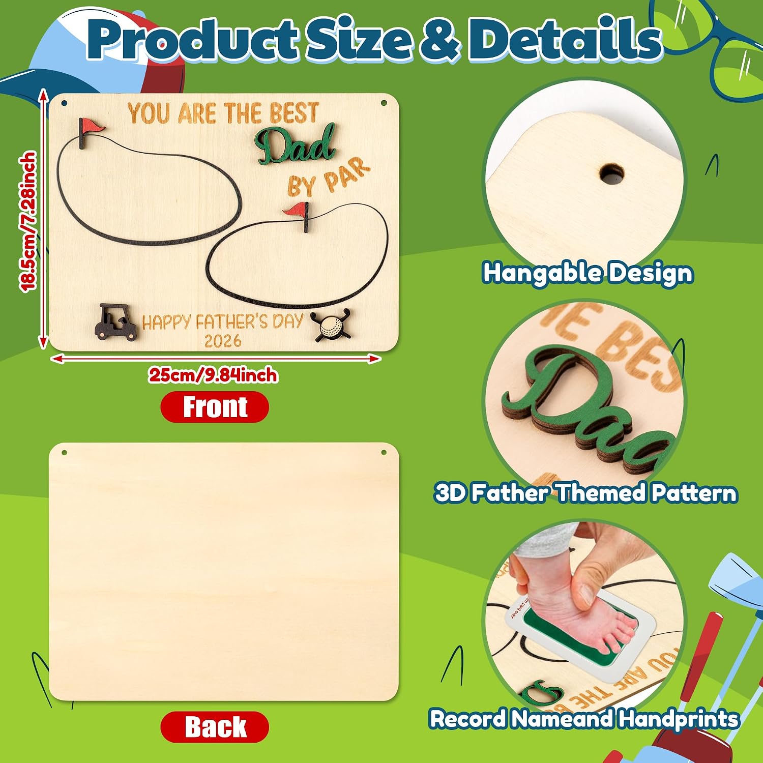3D Father's Day Baby's Footprint DIY Art Craft with Ink pad- Golf DIY Footprint Hanging Wooden Sign for Kids Baby’s Footprint Wooden Sign for First Father’s Day Gift Memory Keepsake Home Wall Decor