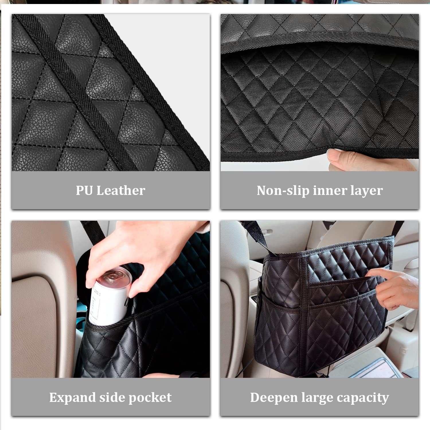 Close-up images showing the PU leather material, non-slip inner layer, expandable side pocket, and deep main compartment of the car purse holder.