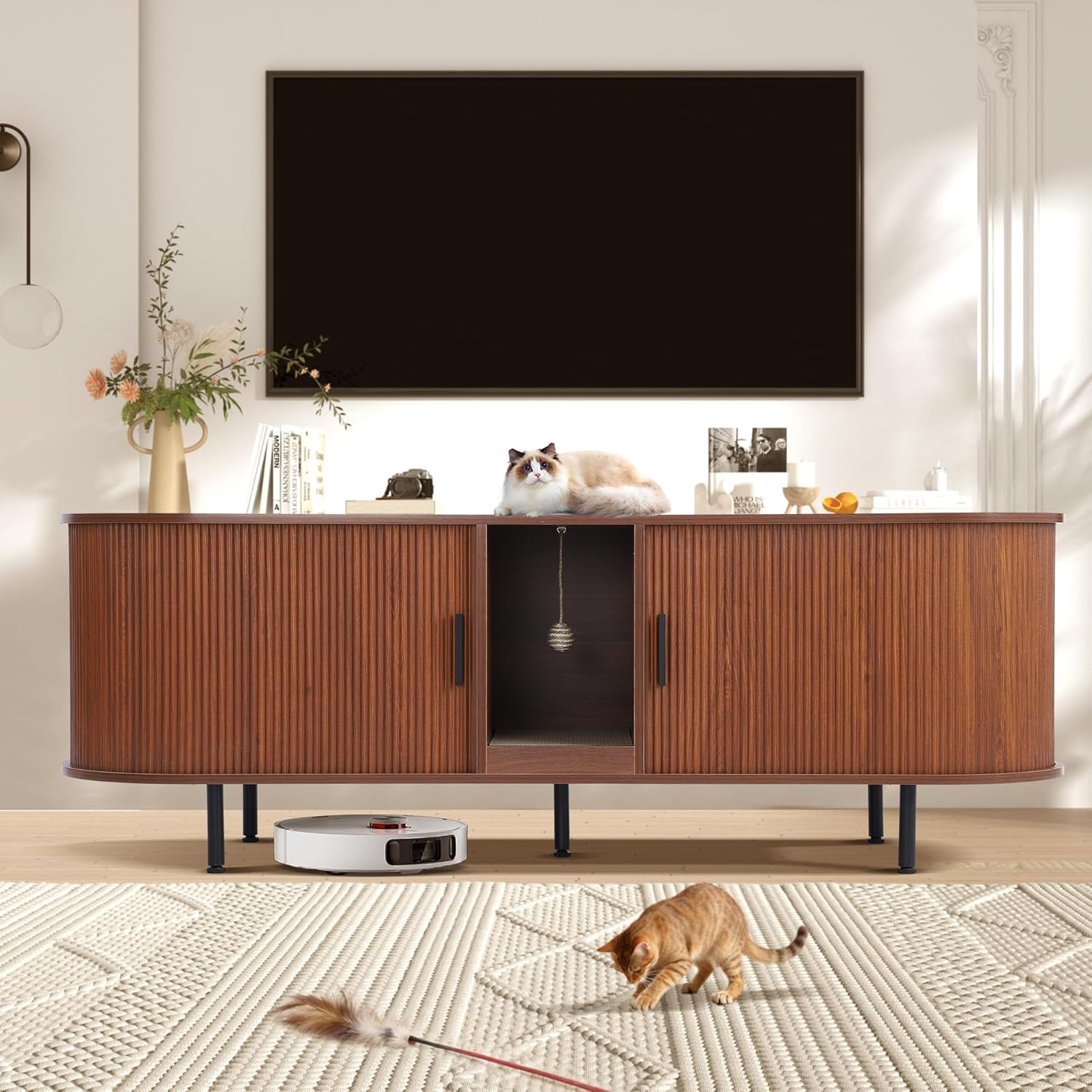 Grepatio Double Cat Litter Box Enclosure, 63" Fluted Hidden Litter Box Furniture for 2 Cats, Wooden Large Litterbox Cabinet with Scratch Pad and Ball, Indoor Cat House for Living Rooms (Brown, 63")