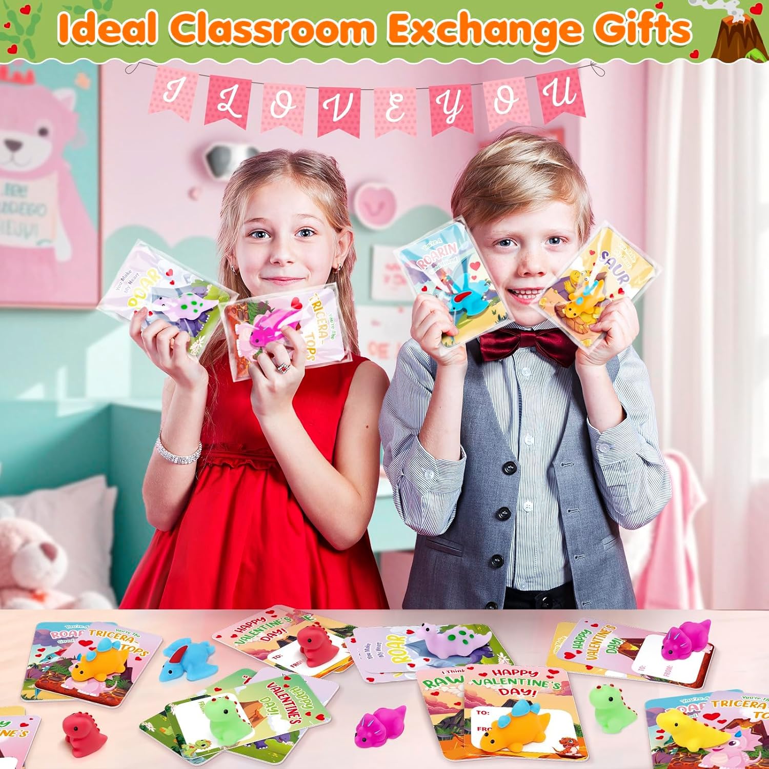 Valentines Day Cards for Kids Classroom, 28 Pack Valentines Gifts for Kids School with Stretchy Dinosaur, Squeeze Toy for Valentines Gifts Exchange, Kids Valentines Party Favors Supply for Boys Girls