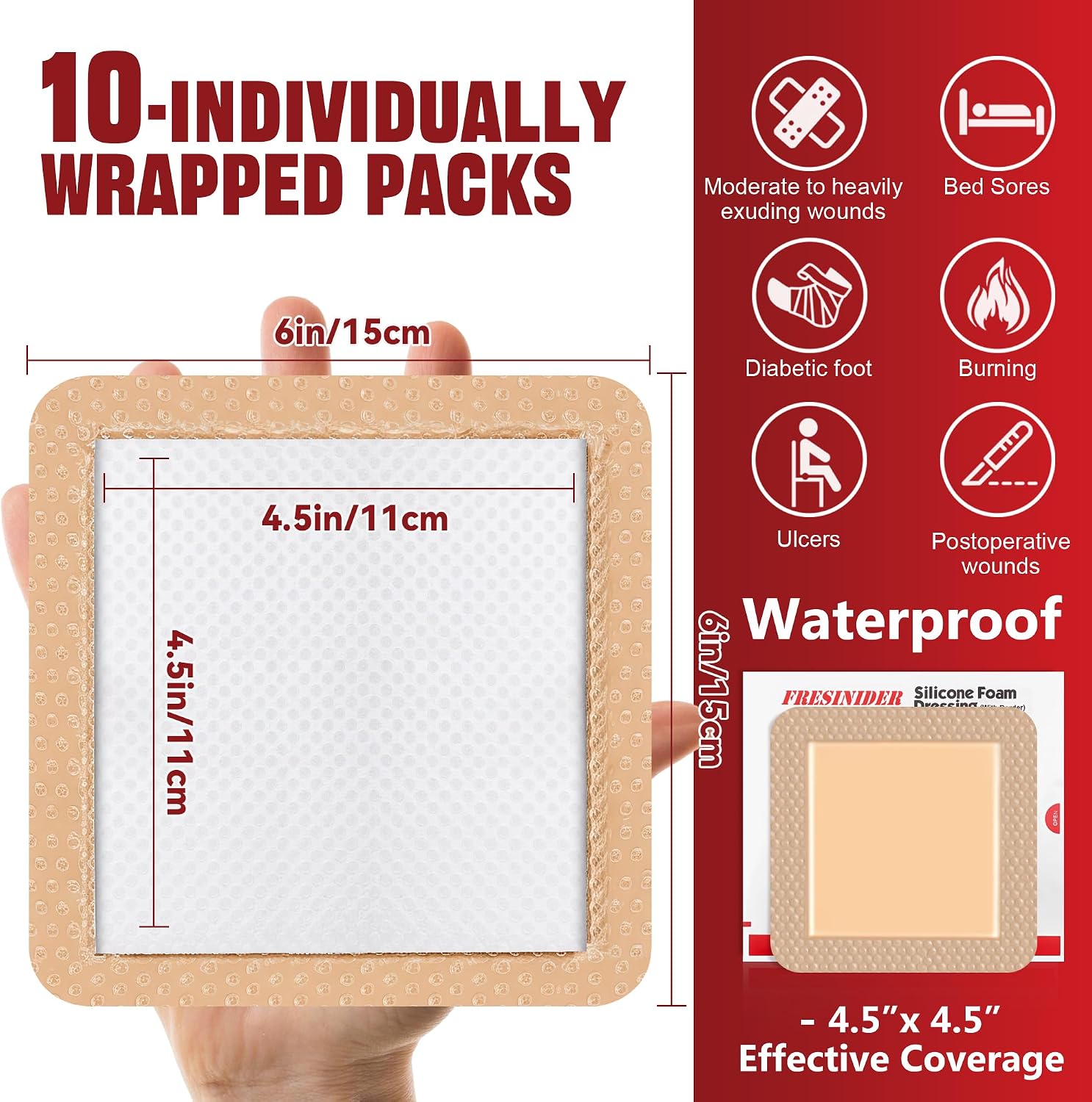 FRESINIDER Large Sacrum Silicone Foam Dressing 6" x 6", 10 Pack – Super Absorbent Silicone Border Dressing for Bed Sores, Sacral Pressure Ulcers & Post-Surgery Care – Waterproof, Breathable & Gentle