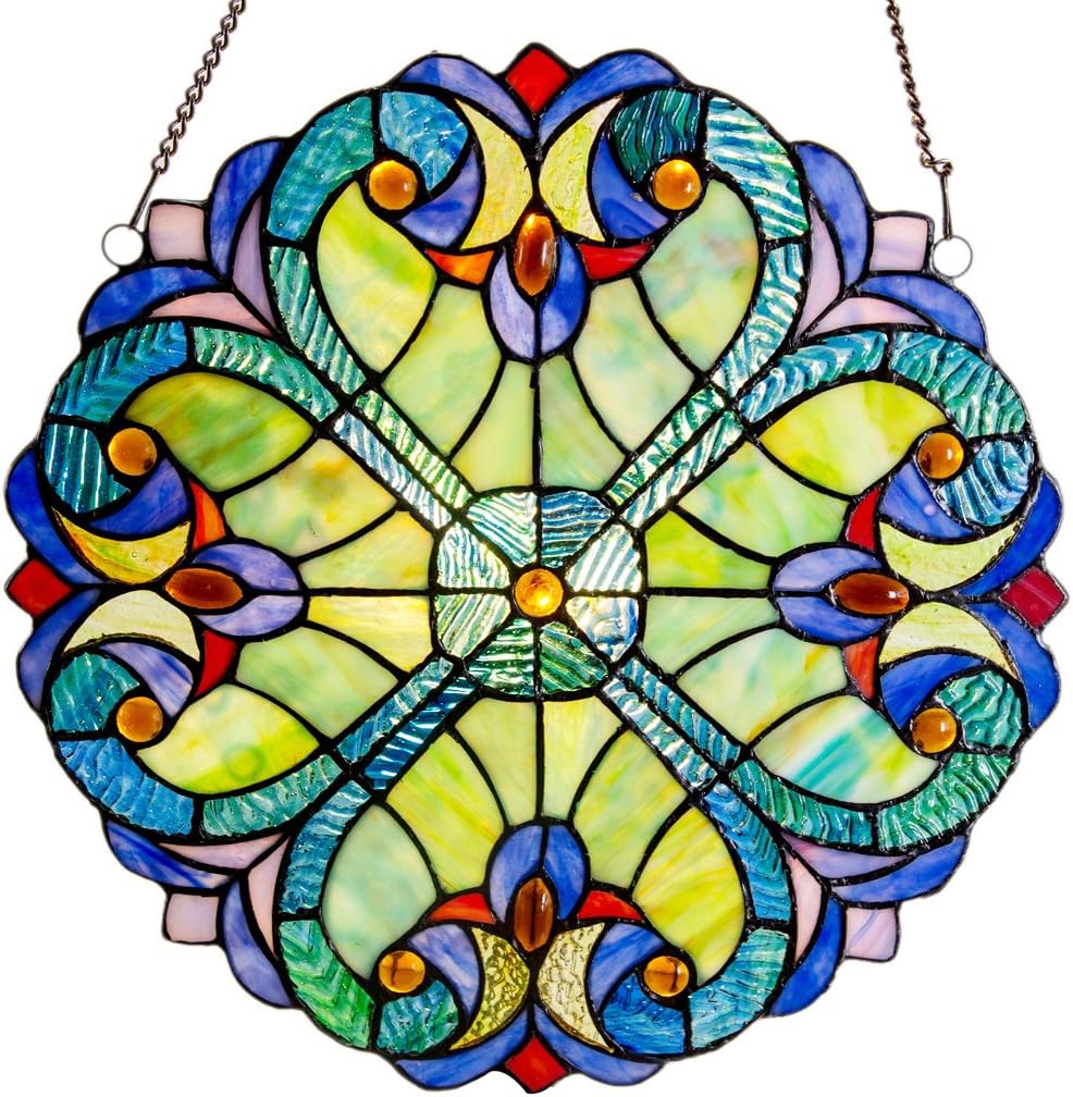 RIVER OF GOODS 12" H Mini Halston Heart Stained Glass Window Panel - Hanging Suncatcher with Stained Glass Panels for Window - Green/Blue