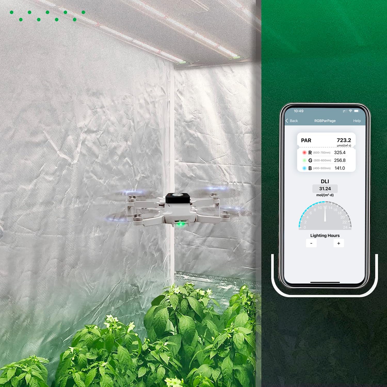 A VBR-100 PAR meter attached to a drone flying above plants in a grow tent, with a smartphone displaying the Vsensor app showing PAR and DLI readings.