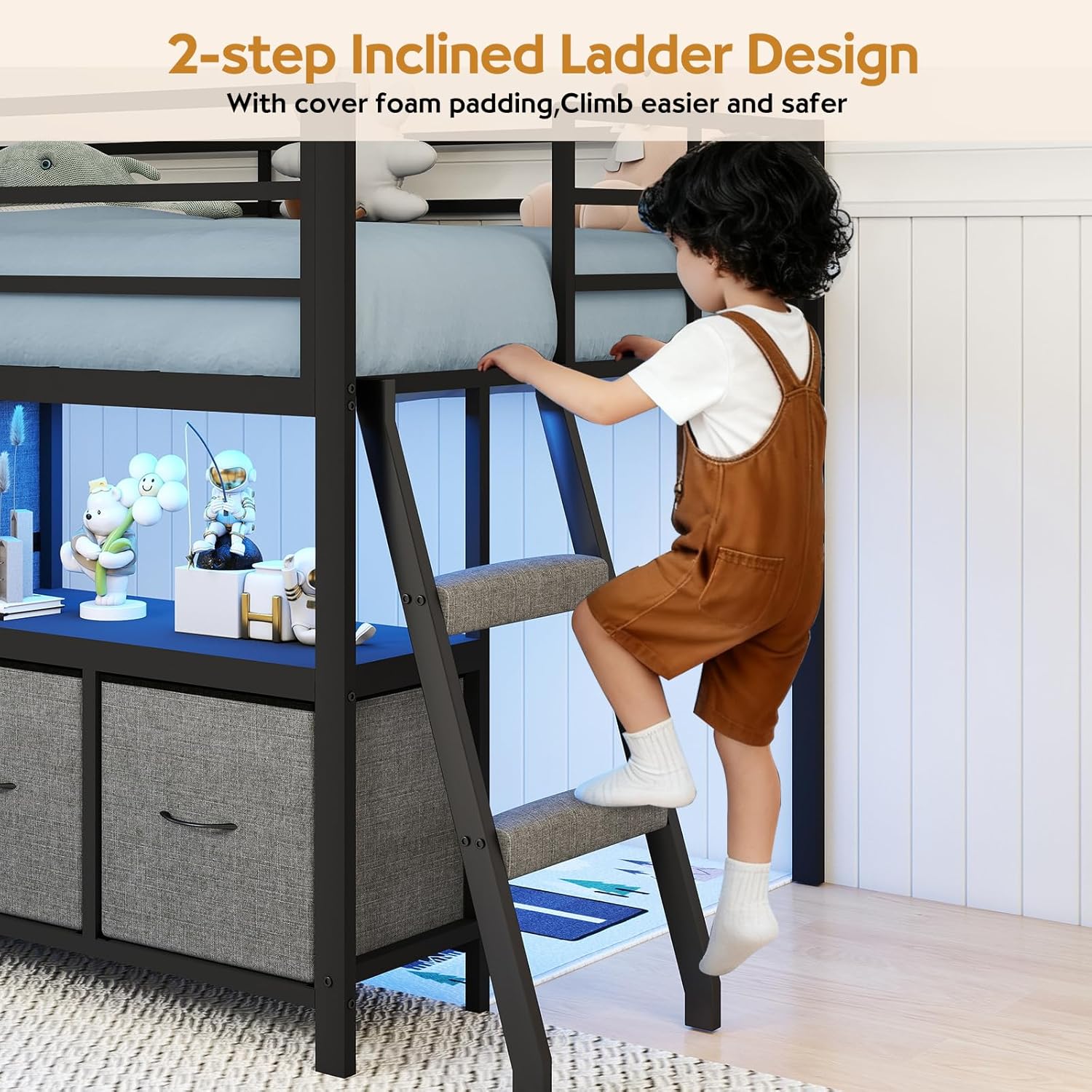 Low Loft Bed with 7 Storage Drawers and Bookcase, Twin Low Loft Bed for Kids with 14" H Safety Guardrail, Inclined Ladder and LED Lights, Under-Bed Play Space, Steel Slat Support, Gray