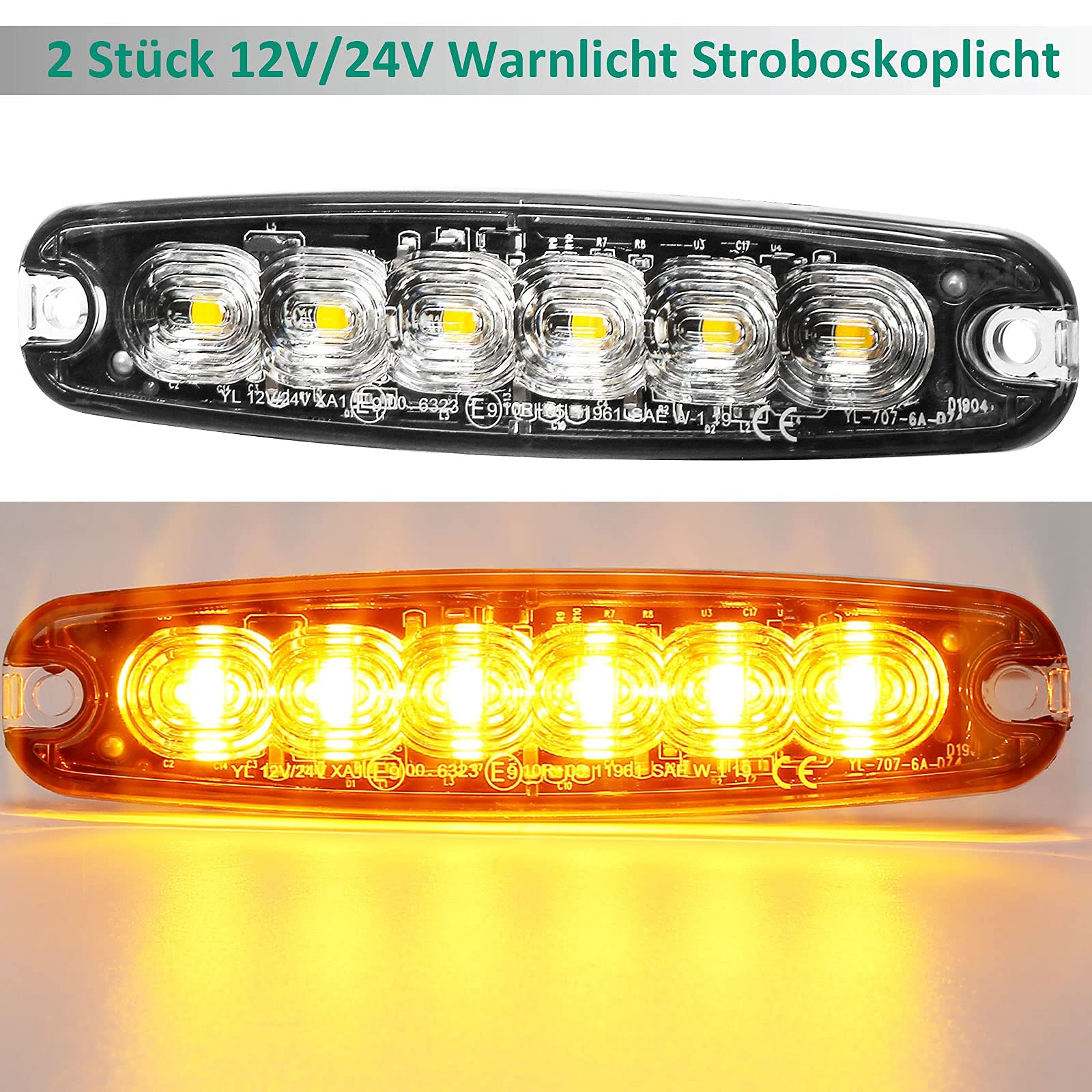 12V/24V 6LED Warnlicht Stroboskoplicht,Ultradünn Led Seite Frontblitzer Amber Blitzer Blitzmodul Orange,Notfall Warnung Beacon Blinklichter led Gelb Bar für Autodachträger PKW LKW ECE R65 R10