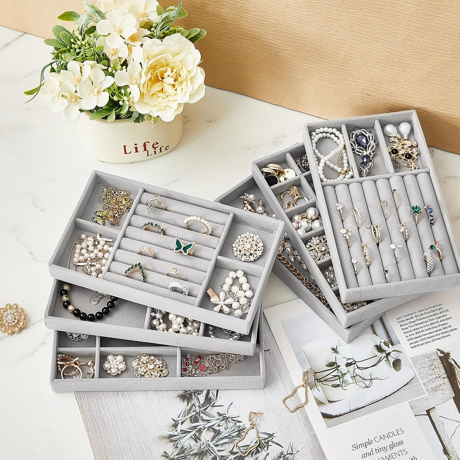 Junkin 18 Pcs Velvet Jewelry Tray Stackable Jewelry Drawer Organizer Jewellery Box Divided Display Tray for Earring Bangle(Gray) - Image 5