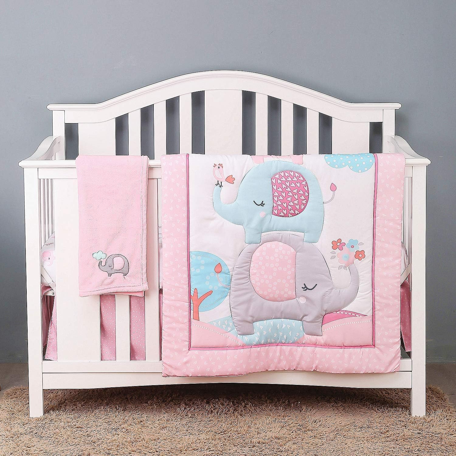 4Piece Soft Baby Girl Crib Bedding Set Pink Elephant Nursery Bedding Crib Set | Crib Comforter, Fitted Sheet, Dust Ruffle,Blanket¡­ : Baby