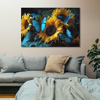 Amazon.co.jp: 絵画 蝶とひまわりインテリア 絵画 魅力的な花 動物