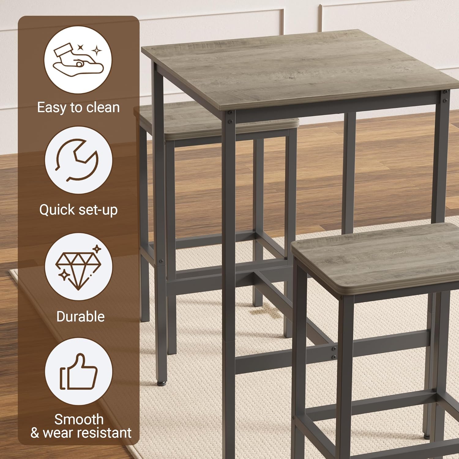 Elevon Long Bar Table Set with Bar Stools, Dining Table and Chair Sets, Industrial Tall Coffee Table and Back Chair for Kitchen, Living Room, Party Room, Pub, Rustic Gray