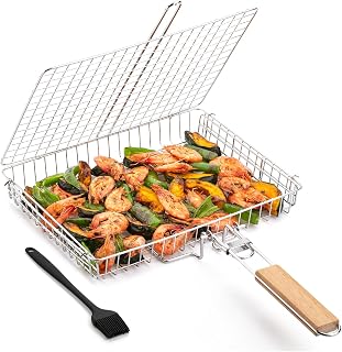 UNCO- BBQ Grill Basket with Wooden Handle, Stainless Steel, Heavy Duty Fish Grill Baskets for Outdoor Grill, Fish Basket for Grilling Basket for Outdoor Grill