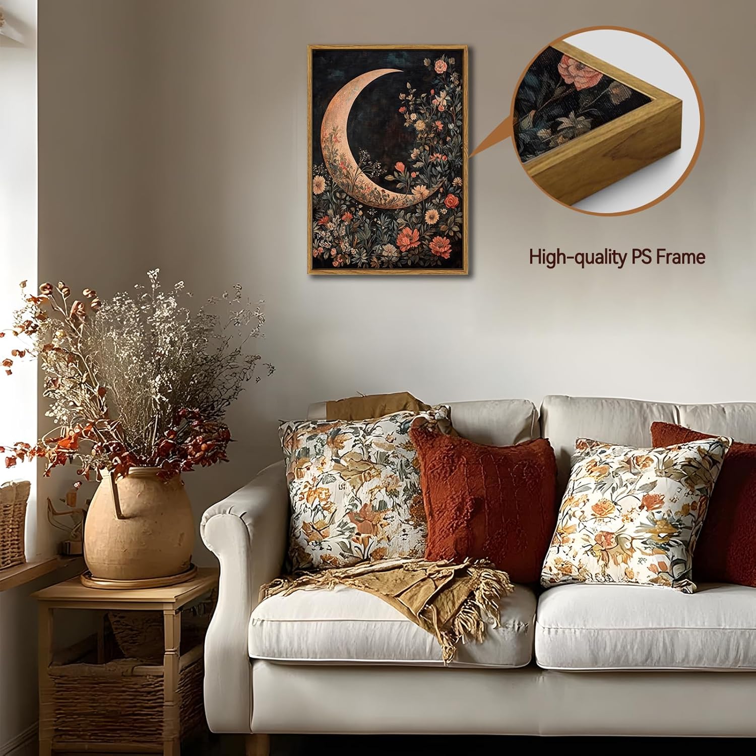 Framed Vintage Floral and Moon Wall Art Dark Academia Botanical Flower Picture Wall Decor Gothic Mystical Celestial Painting Canvas Prints Moody Crescent CottageCore Artwork for Living Room Bedroom