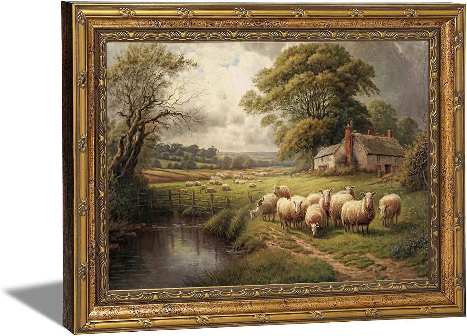 Gold Framed Canvas Wall Art Vintage Country Sheep Landscape Painting Rustic Farmhouse Picture Pastoral Scene Print Ideal for Living Room Bedroom Thoughtful gift and Home Decor 16x24 in