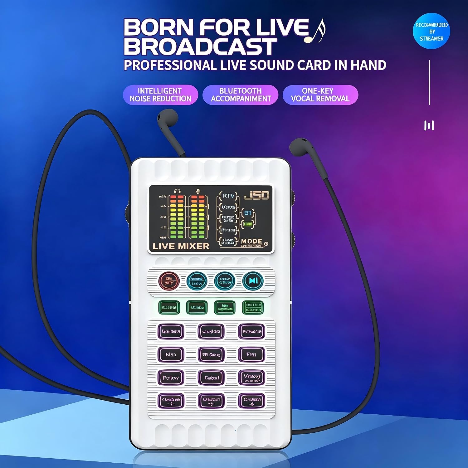 J50 Portable Live Sound Card with Noise Reduction, 5 Voice Changers & 12 Sound Effects - One-CClick Plug & Play Audio Mixer for Live Streaming, Karaoke & Recording