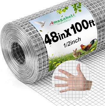 Amagabeli Hardware Cloth 1/2 بوصة 48 x 100 قدم 19 قياس سياج سلكي للدجاج مجلفن بالغمس الساخن بعد اللحام سياج سلكي ملحوم شبكة لفة نبات دعم غوفر ثعبان قارض أرنب شبكة دواجن