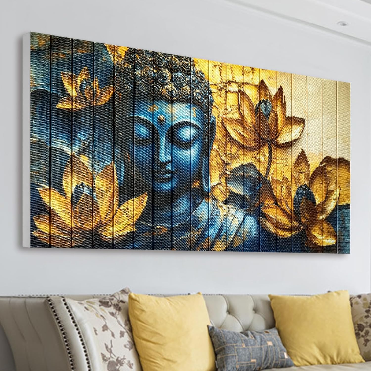 llribbons Vintage Buddha Wall Art Zen Lotus Flowers Canvas Ribbon Pictures Inspirational Wall Decor Handmade 3D Woven Textured for Buddhism Room Bathroom Bedroom Living Room Home Decor 20" x 40"